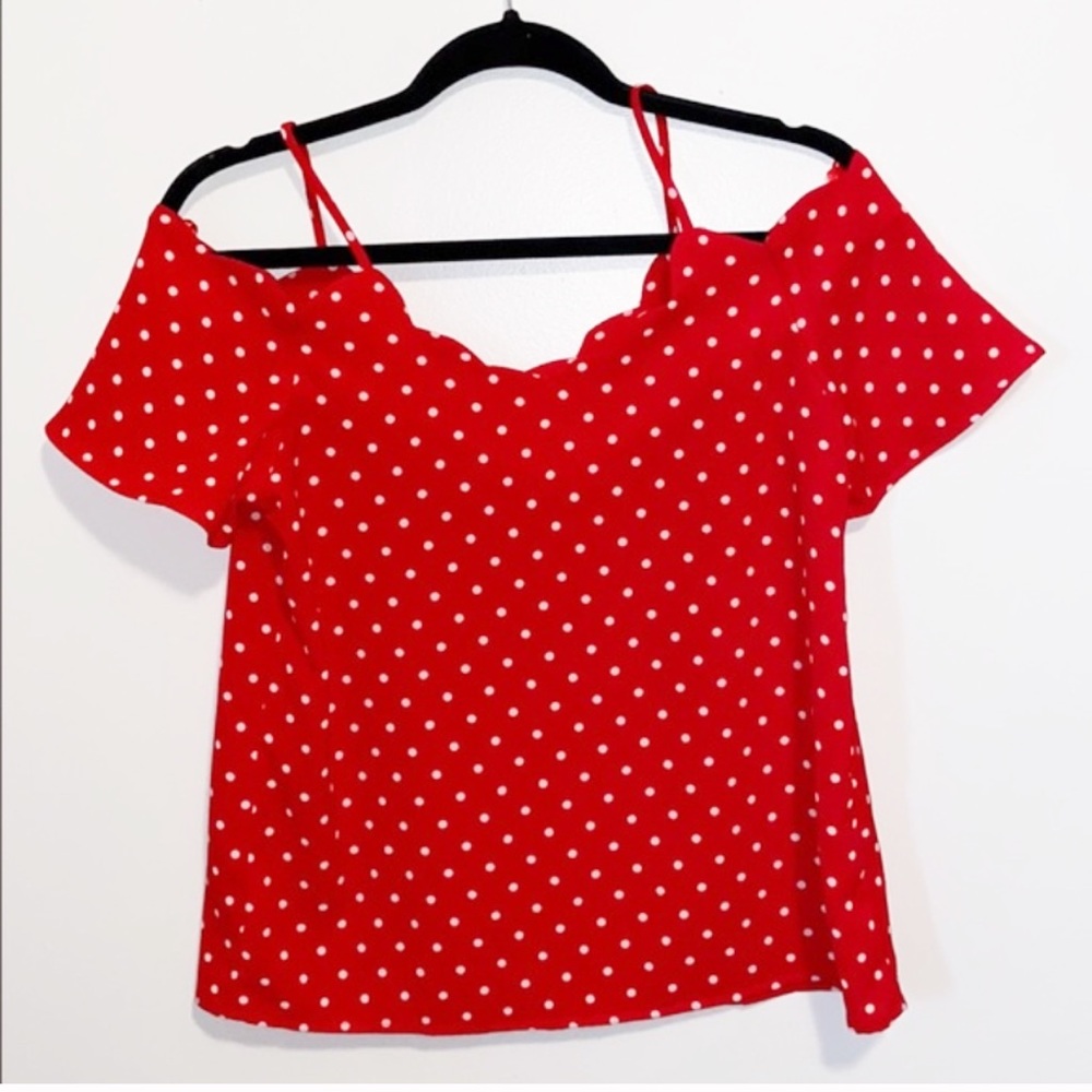 Monteau red/white polka dot off the shoulder top